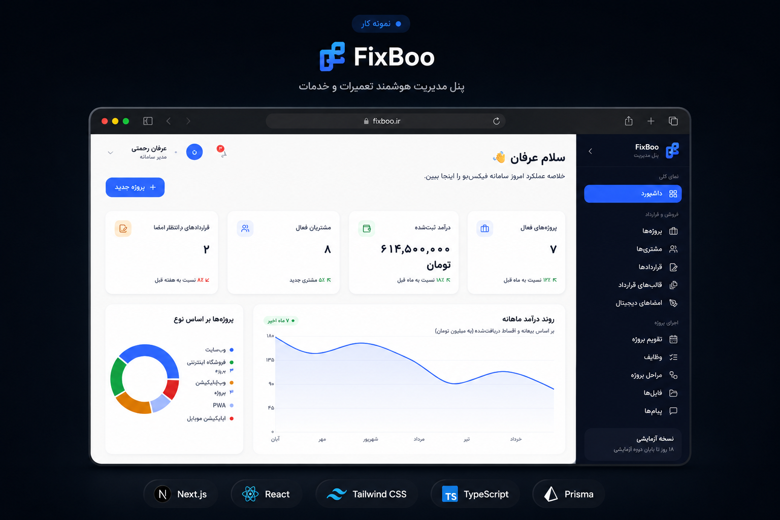 نمای دسکتاپ داشبورد و مدیریت پروژه FixBoo